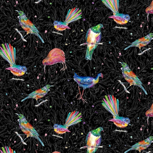 A Splash of Colour - Graphic print of New Zealand Birds & Plants in Fluro Colours on Black