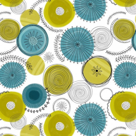 Vintage Florals Circles - Graphic print with Turquoise & Mustard Circles on White