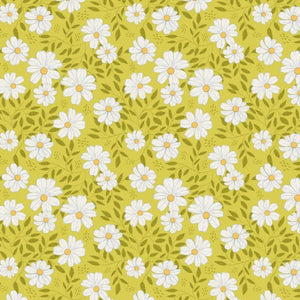 Vintage Florals Daisy Chain - Graphic print with White & Sage Daisies on  Mustard Background