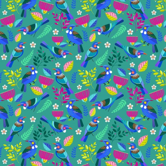 Summer Garden - Tui, Pohutukawa, Leaves, Ferns & Clematis on Bright Deep Teal