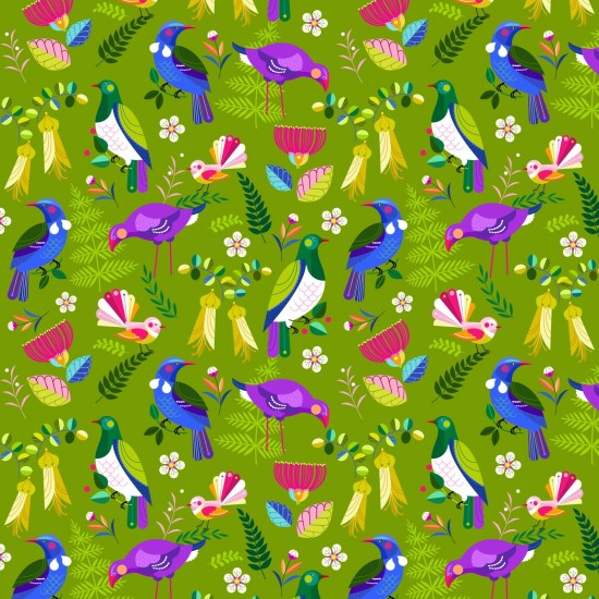 Summer Garden - Tui, Kereru, Pukeko, Piwakawaka, Pohutukawa & Kowhai on Bright Green