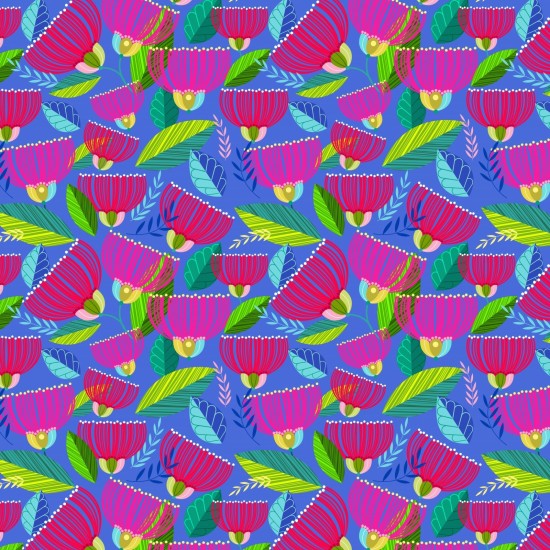 Summer Garden - Pohutukawa in Pinks on Deep Periwinkle Blue