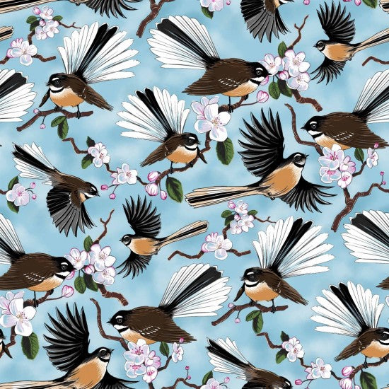 Native Treasures - Piwakawaka (Fantails) on sky blue