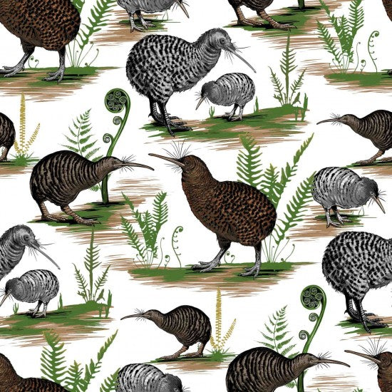 Native Treasures - Kiwi Birds with Ferns on off-white