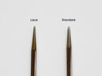 Two knitting needle tips labeled 'Lace' and 'Standard' on a white background