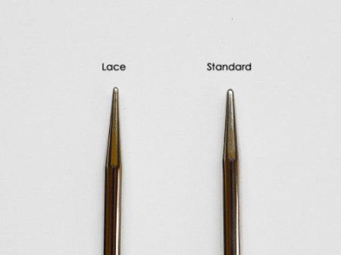 Two knitting needle tips labeled 'Lace' and 'Standard' on a white background