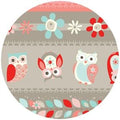 Fabric with a design of owls in turquoise and coral colors in a series of stripes along with leaves and flowers.