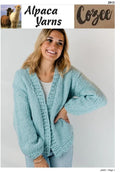 Woman wearing a light blue knitted cardigan made with super chunky yarn