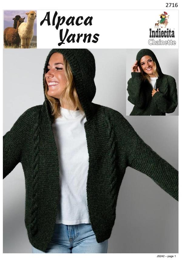 Woman wearing a knitted cardigan with a hood made using 10-ply / worsted yarn