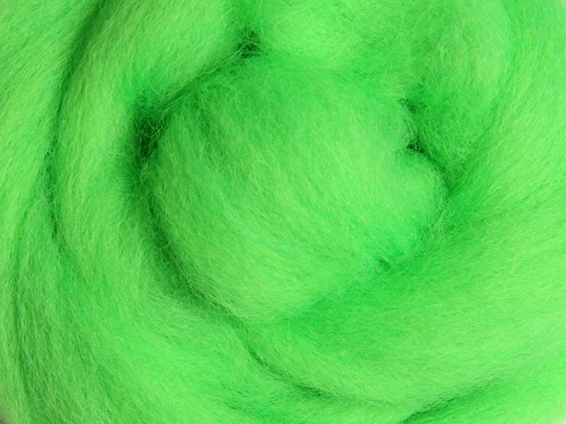 Closeup of New Zealand unspun fibre in colour Fluro Lime