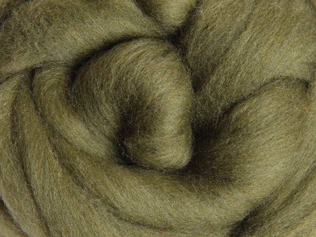 Closeup of New Zealand unspun fibre in colour Olive Green