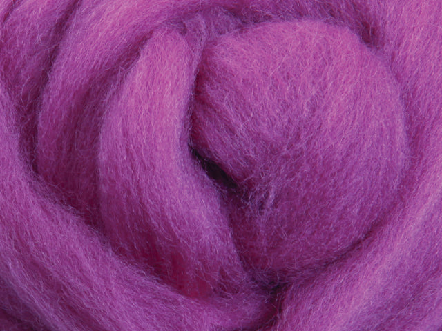 Closeup of New Zealand unspun fibre in colour Orchid
