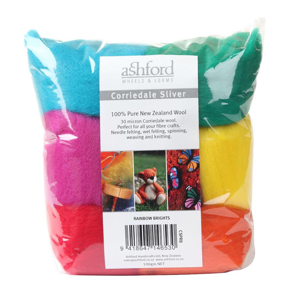 Picture of a sampler pack of New Zealand unspun fibre with a theme of Rainbow Bright Colours