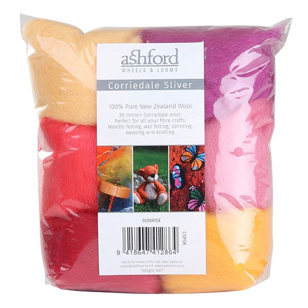 Picture of a sampler pack of New Zealand unspun fibre with a theme of Sunrise Colours