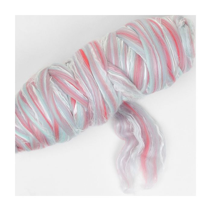 Picture of a batt of New Zealand Merino and Silk unspun fibre dyed in multi-colour pastel pinks and ice blue