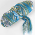 Picture of a batt of New Zealand Merino and Silk unspun fibre dyed in multi-colour blues and greens