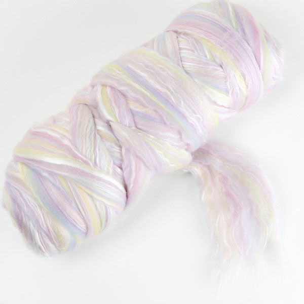 Picture of a batt of New Zealand Merino and Silk unspun fibre dyed in multi-colour light sorbet pinks