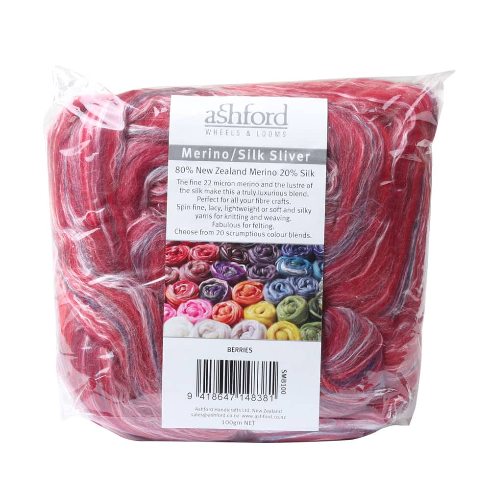 Picture of the packaging of 100 grams of New Zealand Merino and Silk unspun fibre dyed in multi-colour berry reds