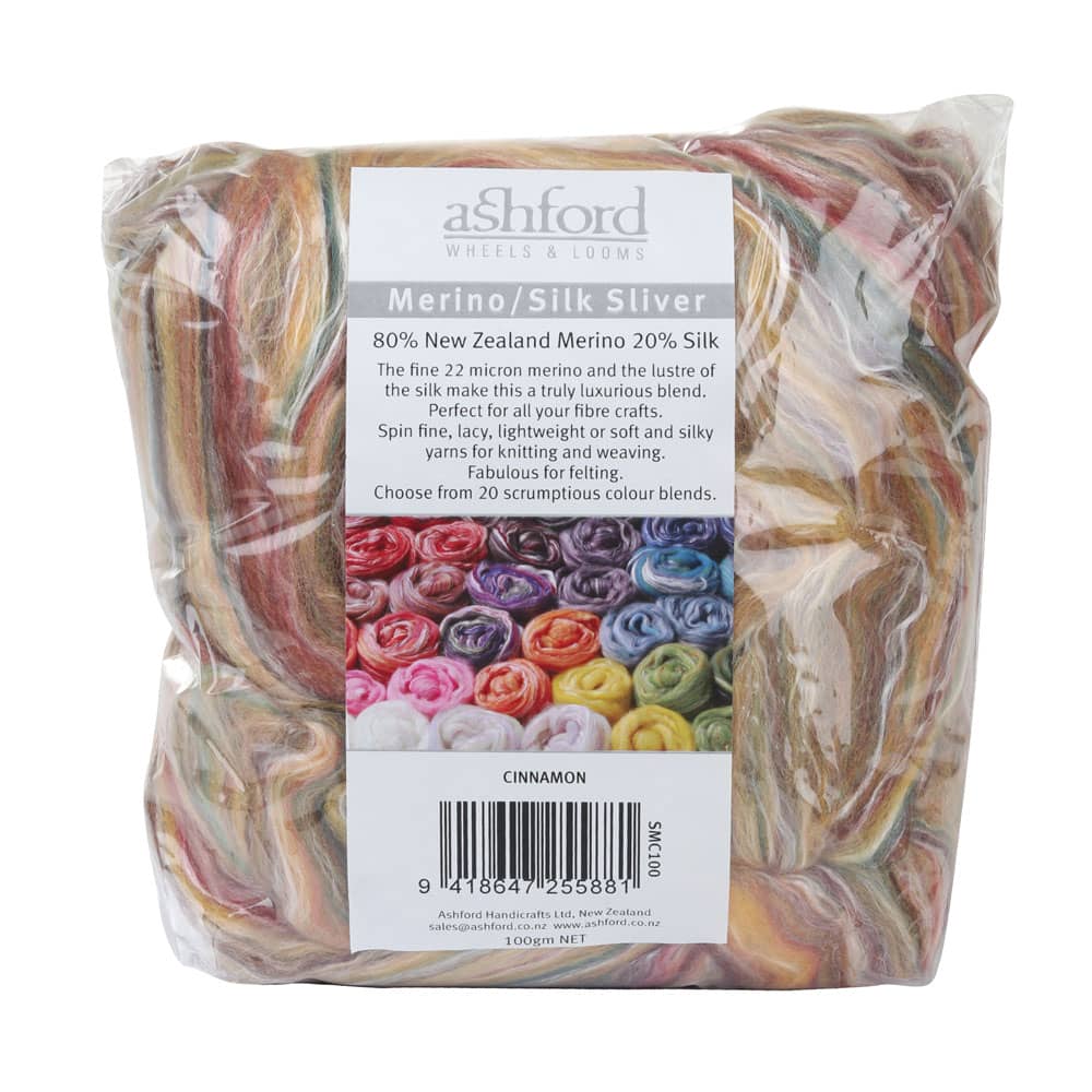 Picture of the packaging of 100 grams of New Zealand Merino and Silk unspun fibre dyed in multi-colour cinnamon beiges and browns