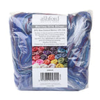 Picture of the packaging of 100 grams of New Zealand Merino and Silk unspun fibre dyed in multi-colour blues