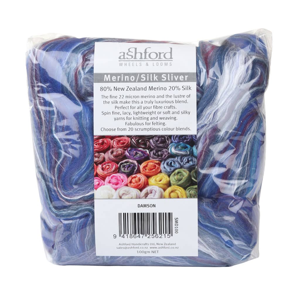 Picture of the packaging of 100 grams of New Zealand Merino and Silk unspun fibre dyed in multi-colour blues