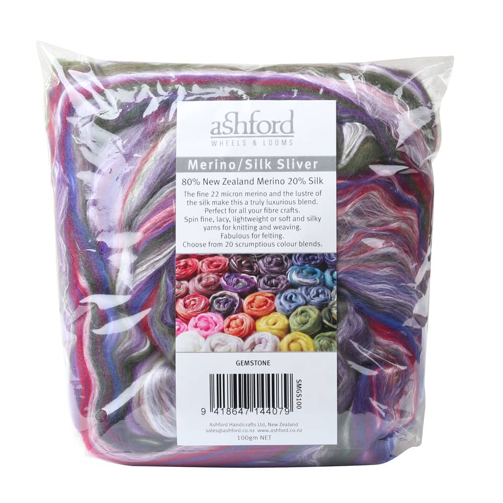 Picture of the packaging of 100 grams of New Zealand Merino and Silk unspun fibre dyed in multi-colour jewel tones purples greens and blues