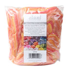 Picture of the packaging of 100 grams of New Zealand Merino and Silk unspun fibre dyed in multi-colour oranges