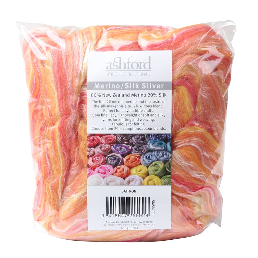 Picture of the packaging of 100 grams of New Zealand Merino and Silk unspun fibre dyed in multi-colour oranges