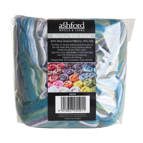 Picture of the packaging of 100 grams of New Zealand Merino and Silk unspun fibre dyed in multi-colour blues and greens
