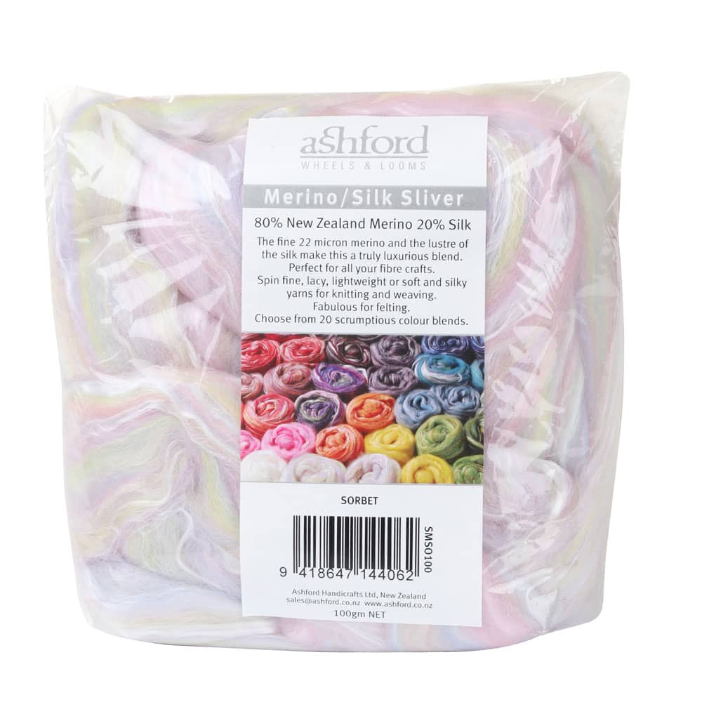 Picture of the packaging of 100 grams of New Zealand Merino and Silk unspun fibre dyed in multi-colour light sorbet pinks