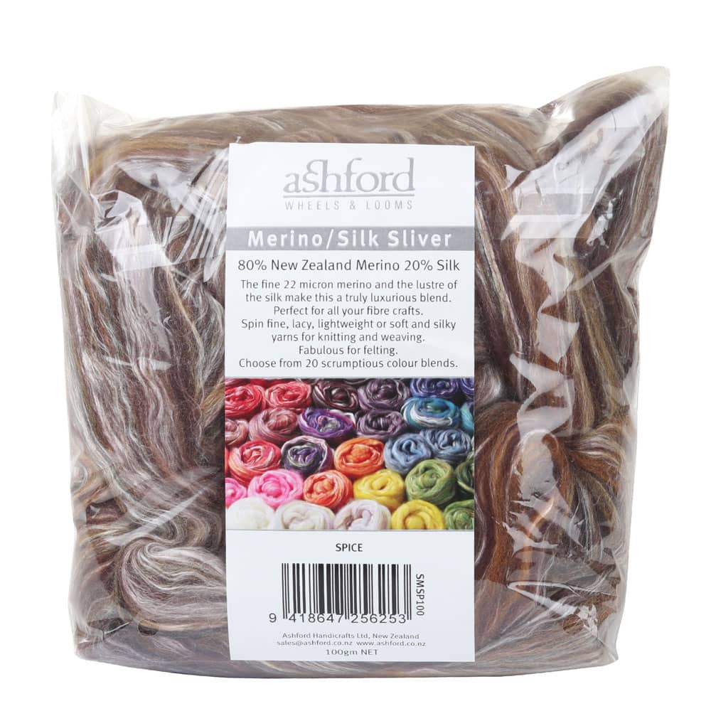 Picture of the packaging of 100 grams of New Zealand Merino and Silk unspun fibre dyed in multi-colour spice browns