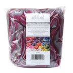 Picture of the packaging of 100 grams of New Zealand Merino and Silk unspun fibre dyed in multi-colour storm purples and reds