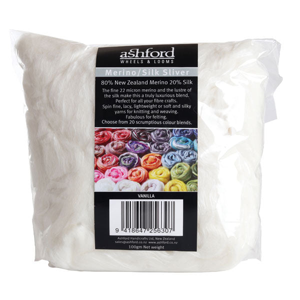 Picture of the packaging of 100 grams of New Zealand Merino and Silk unspun fibre dyed in multi-colour vanilla off-whites