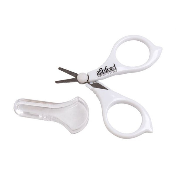White airplane scissors with a clear guard on a white background, branded 'Ashford'.