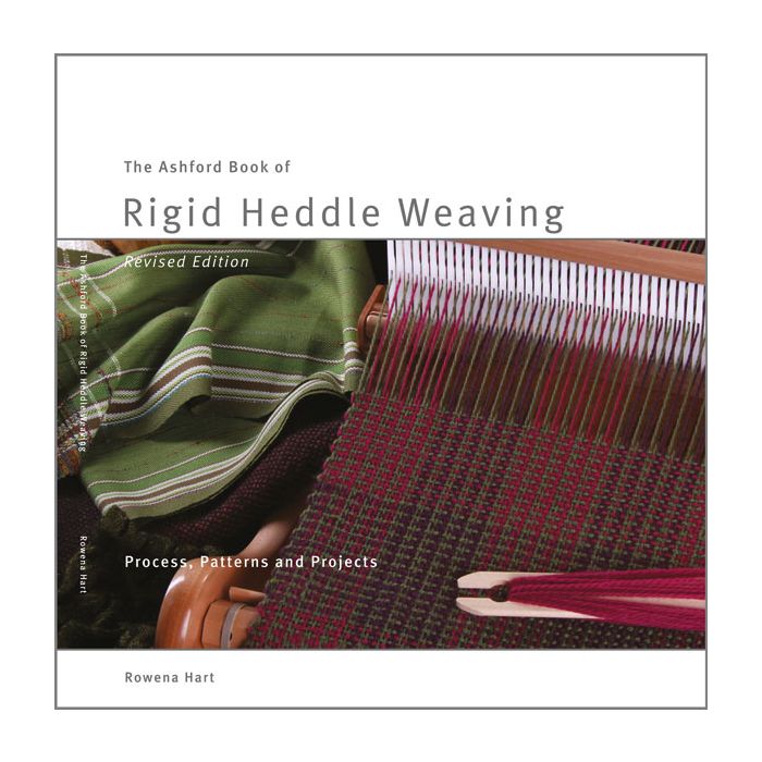 Book cover of 'The Ashford Book of Rigid Heddle Weaving' with a loom and woven fabric.