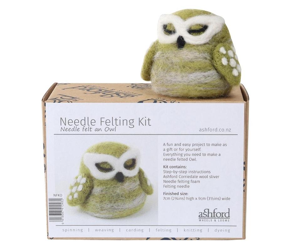 Needle felting kit with sample New Zealand Little Green Owl on a white background