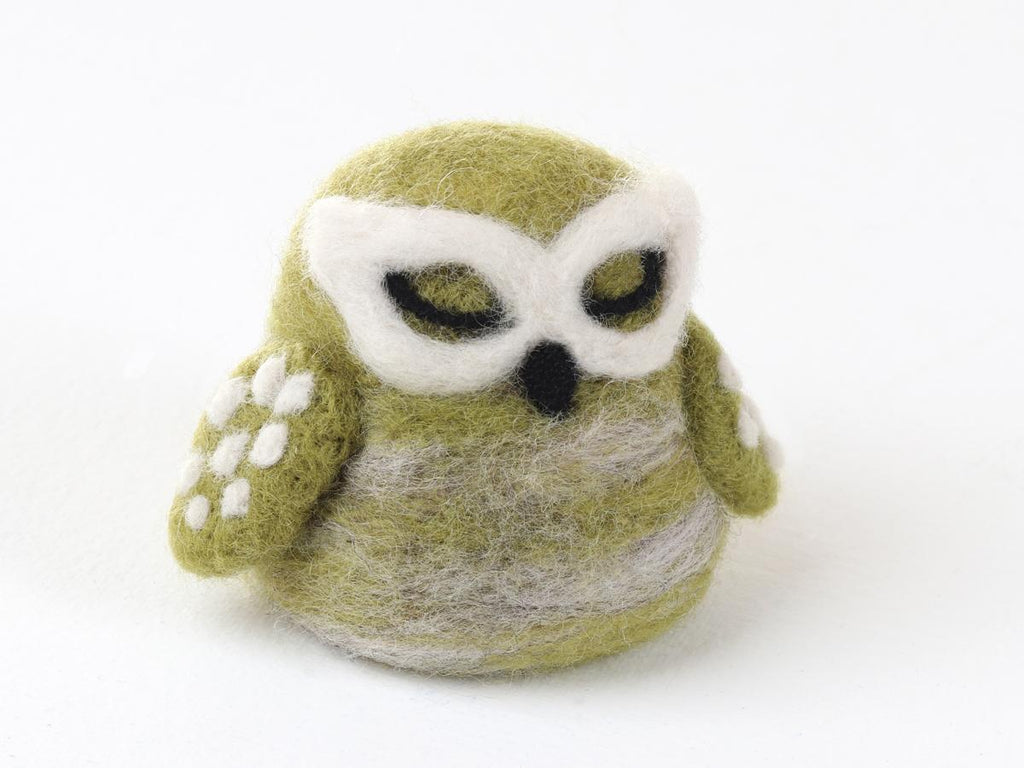 Sample of a needle felted New Zealand Little Green Owl on a white background