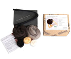 Needle felting kit with wool, needles, and instructions on a white background
