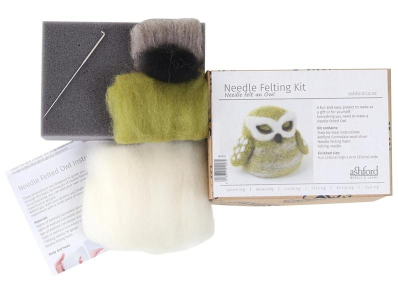 Needle felting kit with wool, a needle, and instructions on a white background.