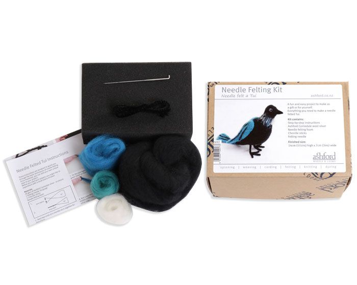 Needle felting kit with wool, materials and instructions on a white background