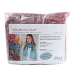 Picture of the packaging of 100 grams of New Zealand Merino and Silk unspun fibre dyed in multi-colour mulberry reds