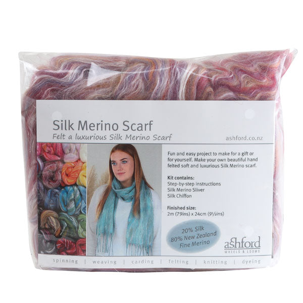 Picture of the packaging of 100 grams of New Zealand Merino and Silk unspun fibre dyed in multi-colour mulberry reds