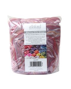 Picture of the packaging of 100 grams of New Zealand Merino and Silk unspun fibre dyed in multi-colour mulberry reds