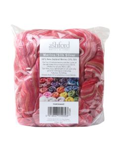 Picture of the packaging of 100 grams of New Zealand Merino and Silk unspun fibre dyed in multi-colour pomegranite reds