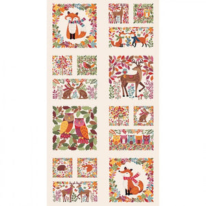 Autumn Days Panel - Owls, Foxes, Deer, Rabbits, and Autumn Motifs on Off-White (60 cm by 110 cm)