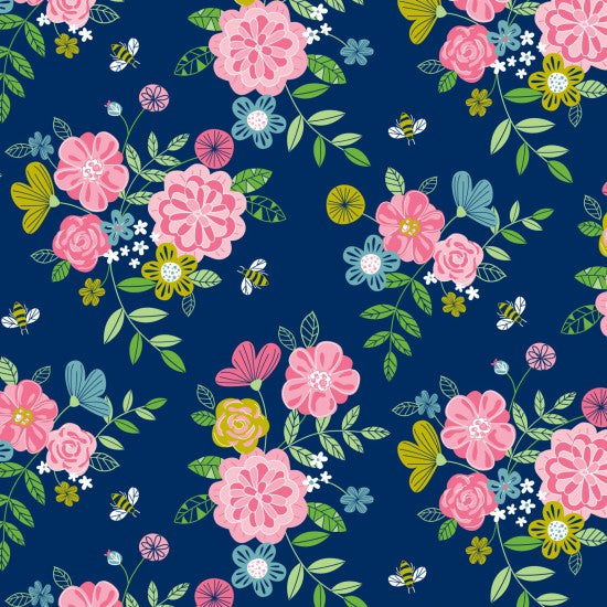 Floral pattern with bees, pink flowers and green leaves on a blue background
