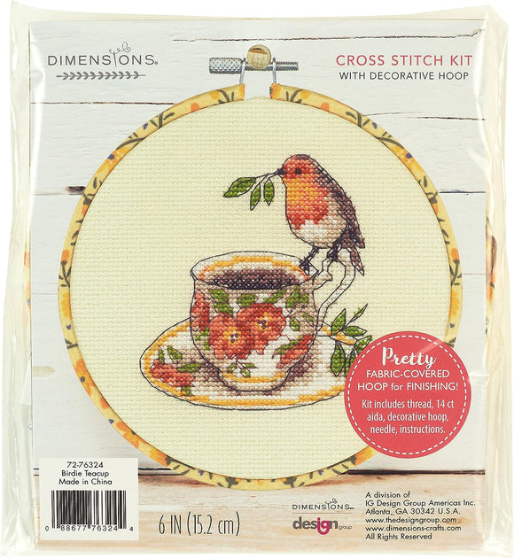 Dimensions Learn a Craft Counted Cross Stitch Kit - Birdie Teacup (includes hoop!)