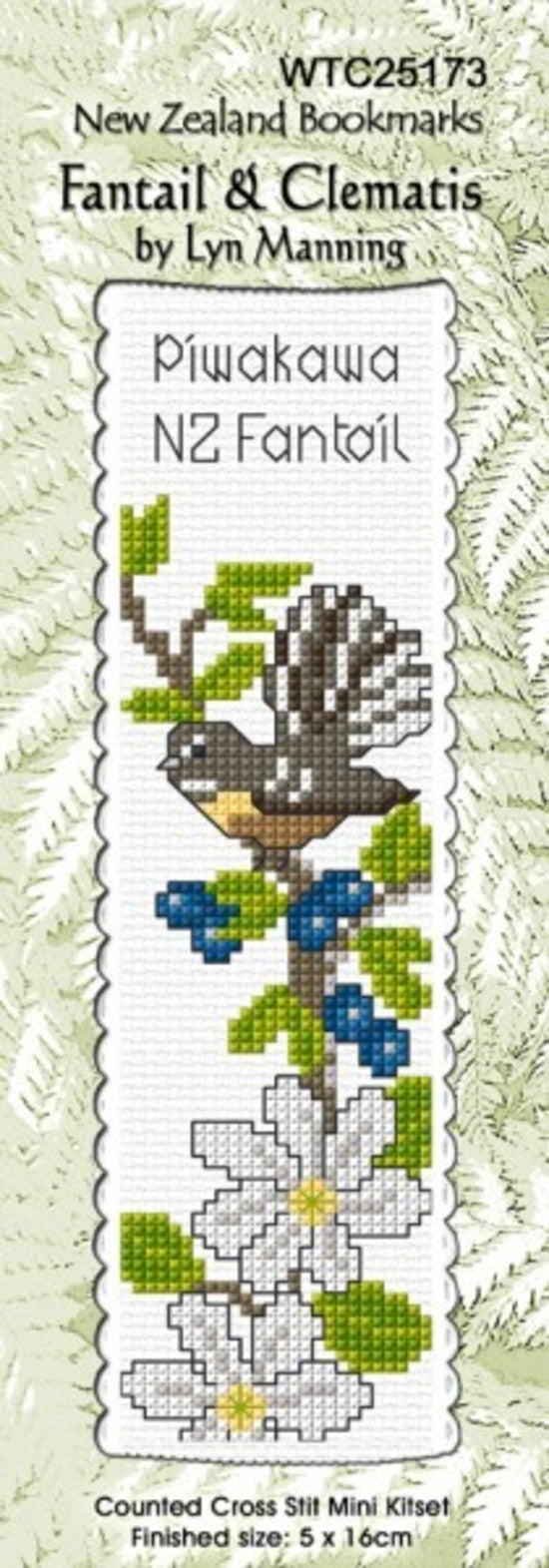 New Zealand designed Cross-stitch bookmark with Fantail birds & Clematis.