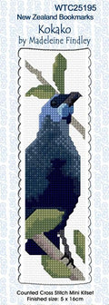 New Zealand designed Cross-stitch bookmark with Kokako birds.