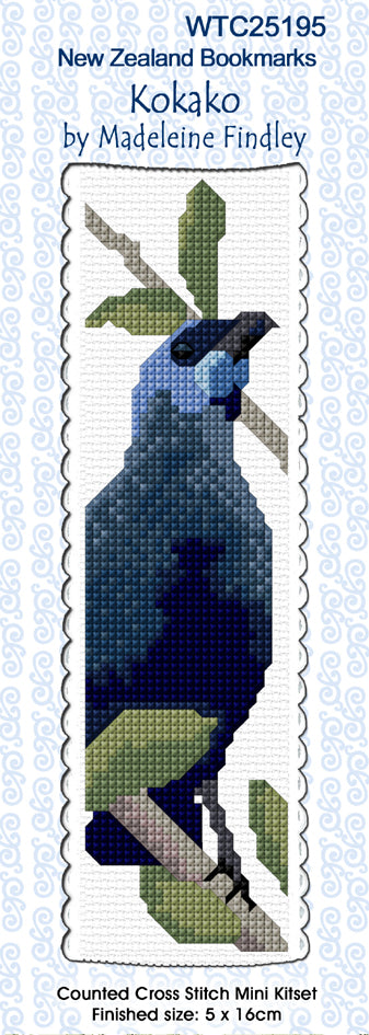 New Zealand designed Cross-stitch bookmark with Kokako birds.